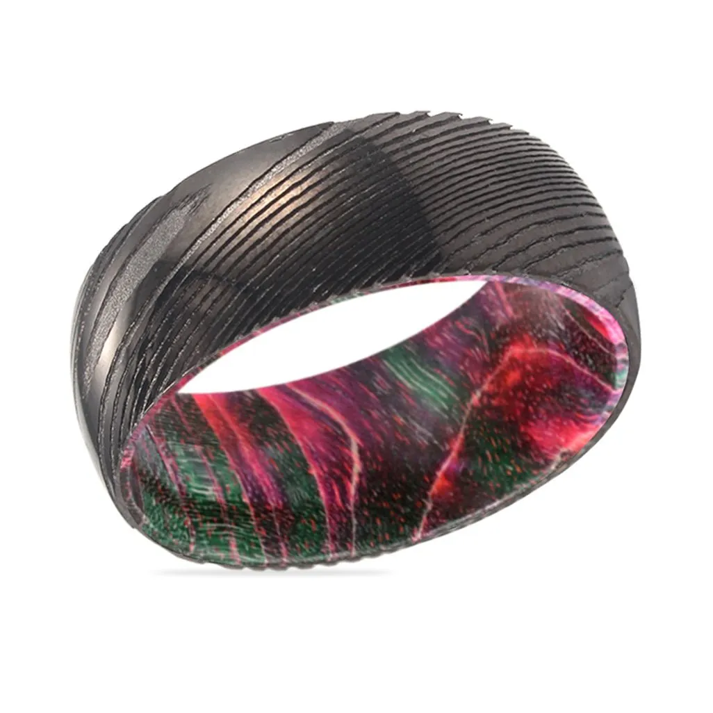 RUTLAND | Green & Red Wood, Gunmetal Damascus Steel Ring, Domed