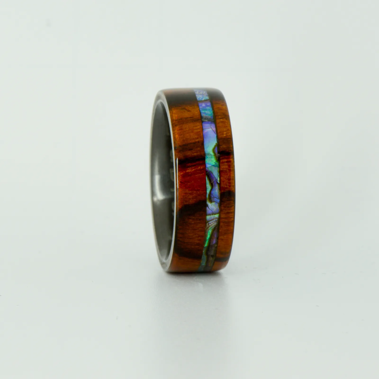 SALE RING - Black Zirconium, Ironwood, and Abalone Shell - Size 10.5