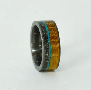 SALE RING - Black Zirconium, Meteorite, Turquoise, Whiskey Barrel Wood - Size 5