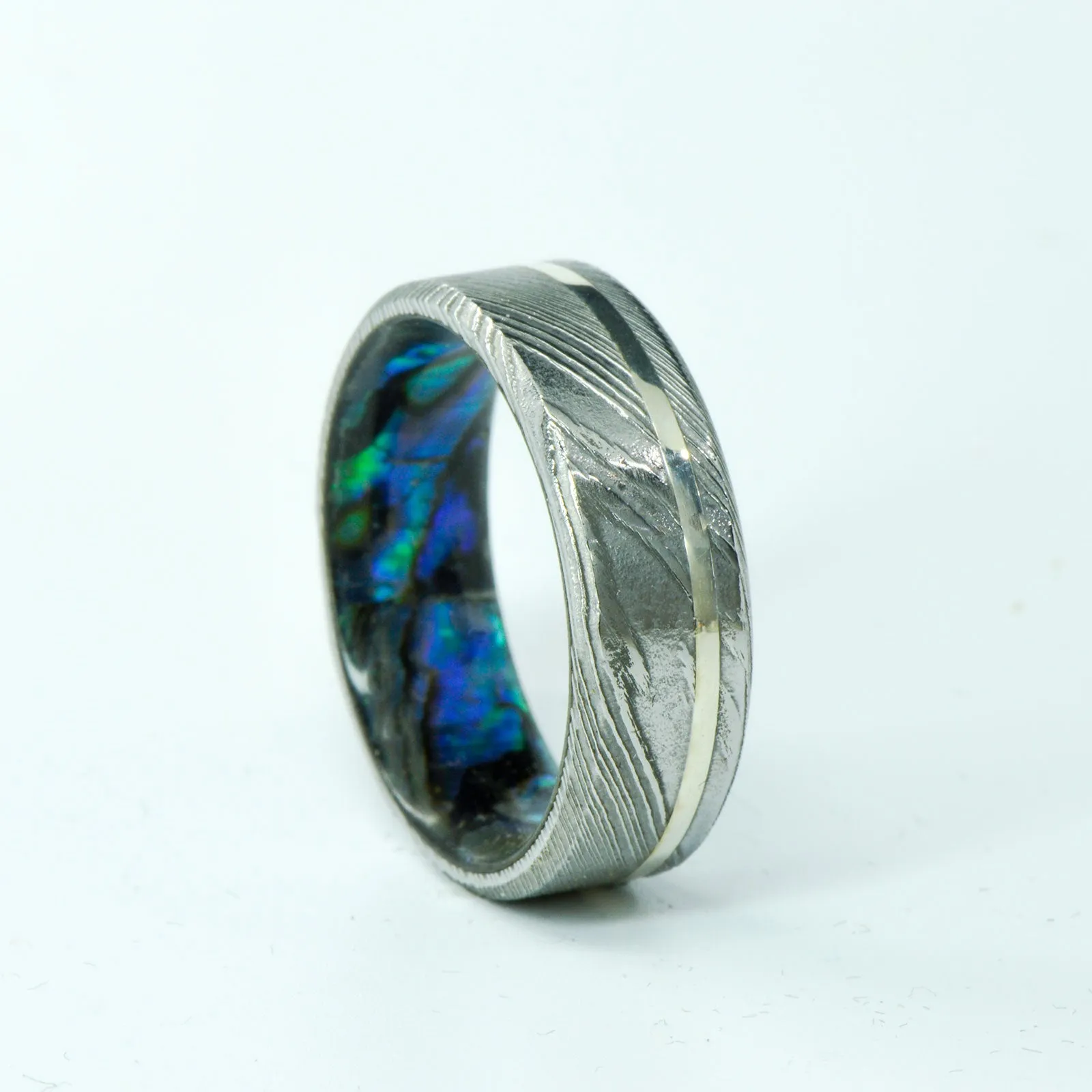 SALE RING -  Polished Damascus Steel, Abalone Shell, & Silver  - Size 11.25