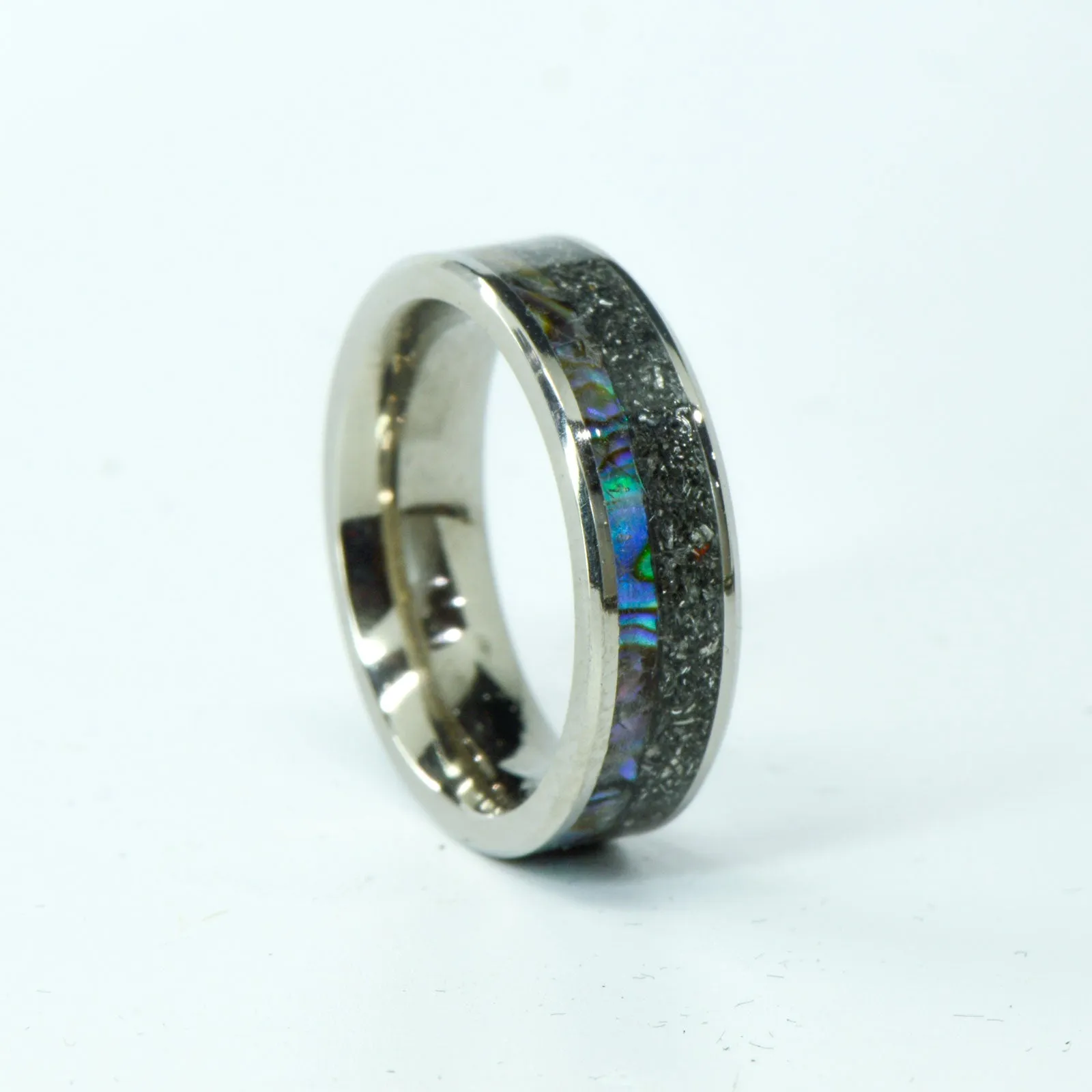 SALE RING - Titanium, Meteorite, & Abalone Shell - Size 6