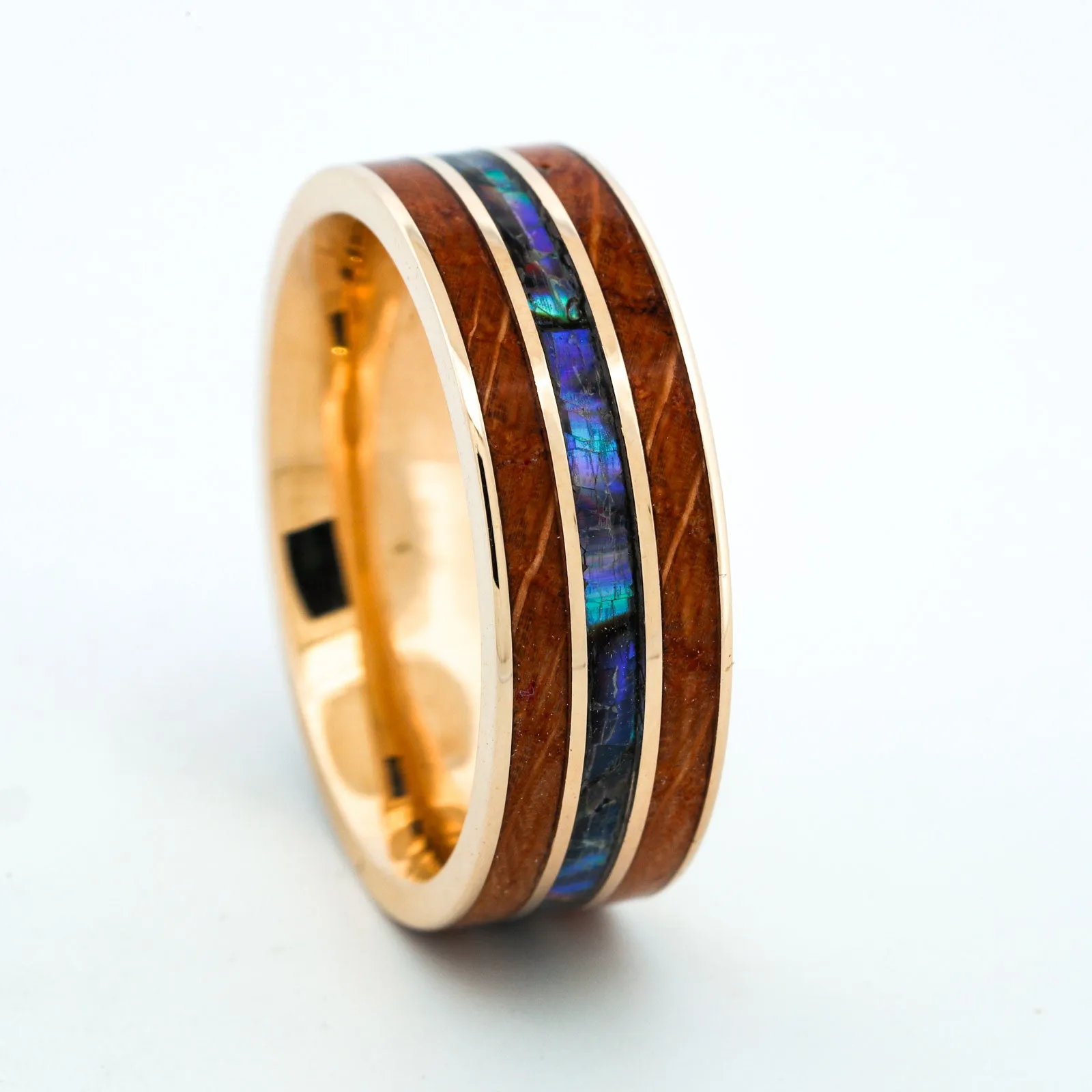 SALE RING -  Yellow Gold, Whiskey Barrel Wood, Abalone Shell - Size 11