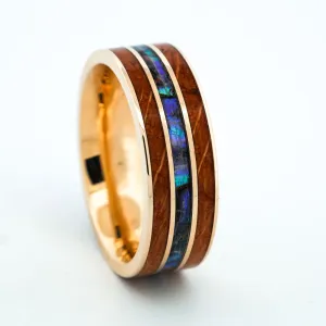SALE RING -  Yellow Gold, Whiskey Barrel Wood, Abalone Shell - Size 11