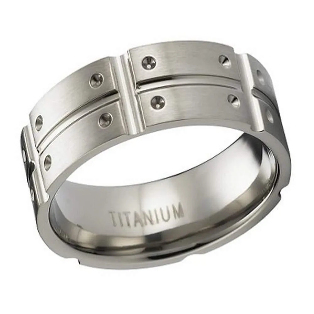 Satin-Finished Titanium Ring Intersecting Polished Grooves Notched Design | 8mm