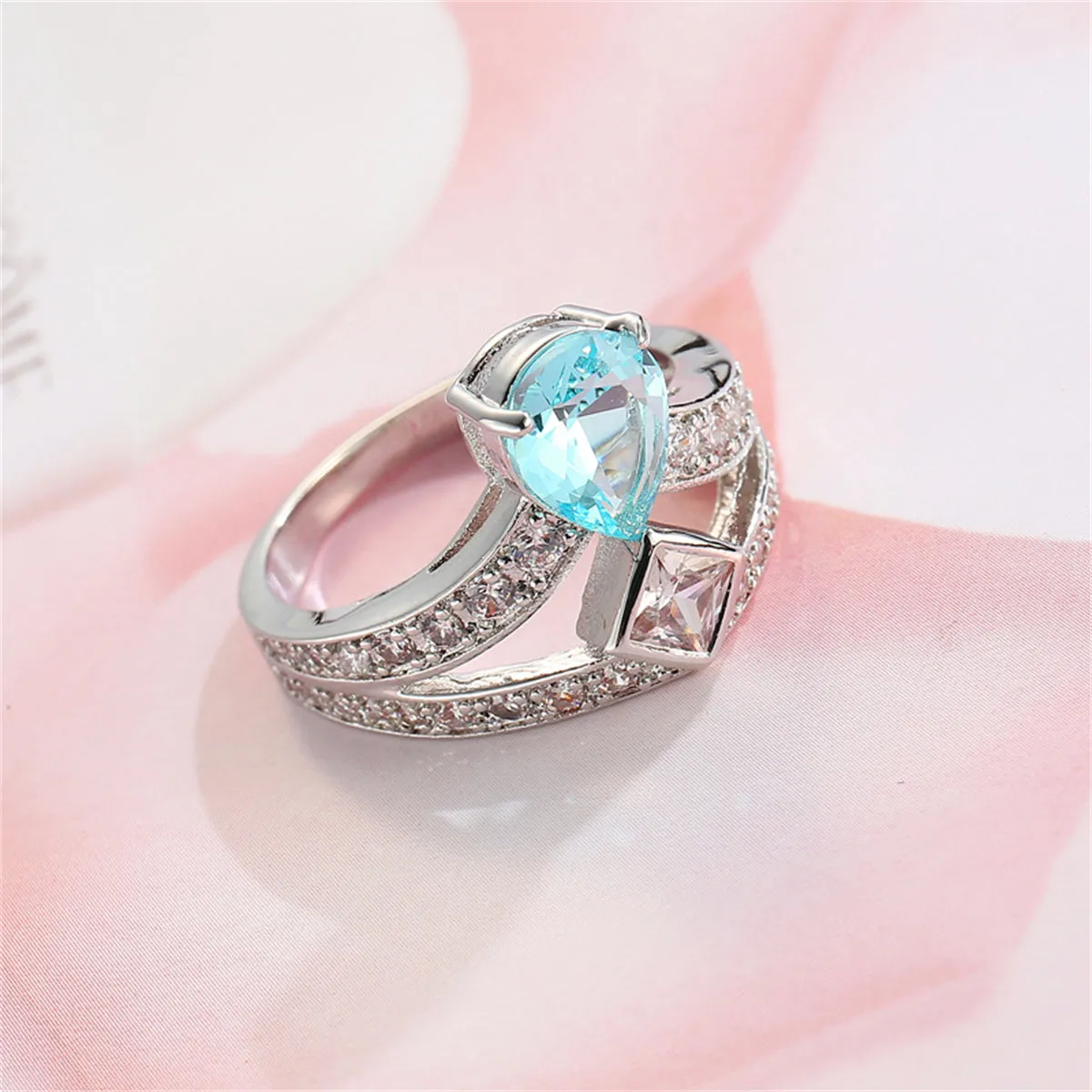 Sea Blue Crystal & Cubic Zirconia Pear-Cut Ring