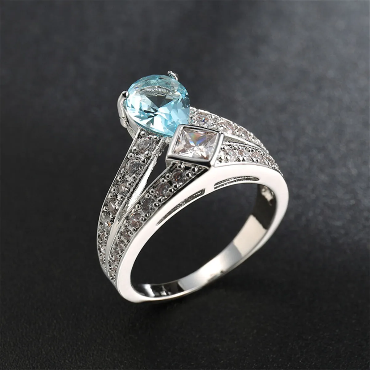 Sea Blue Crystal & Cubic Zirconia Pear-Cut Ring