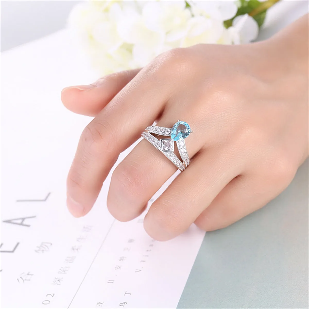 Sea Blue Crystal & Cubic Zirconia Pear-Cut Ring