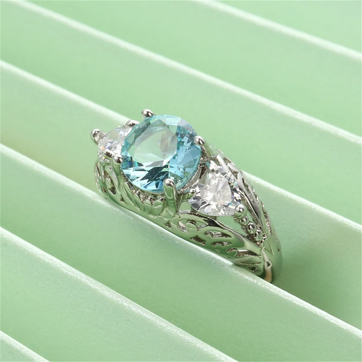 Sea Blue Crystal & Silver-Plated Round-Cut Ring