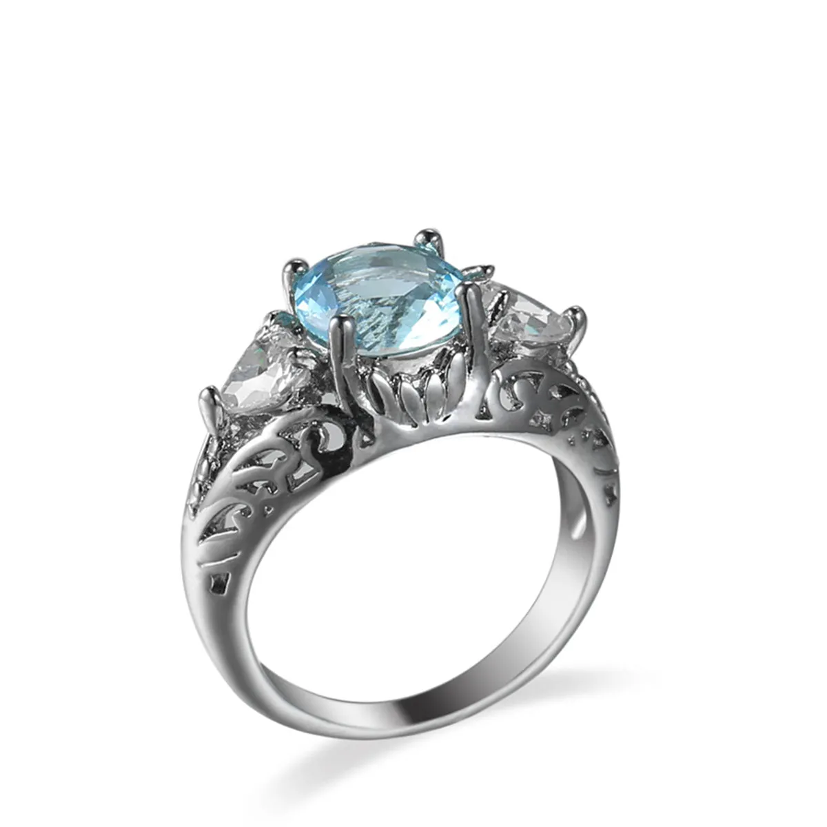 Sea Blue Crystal & Silver-Plated Round-Cut Ring