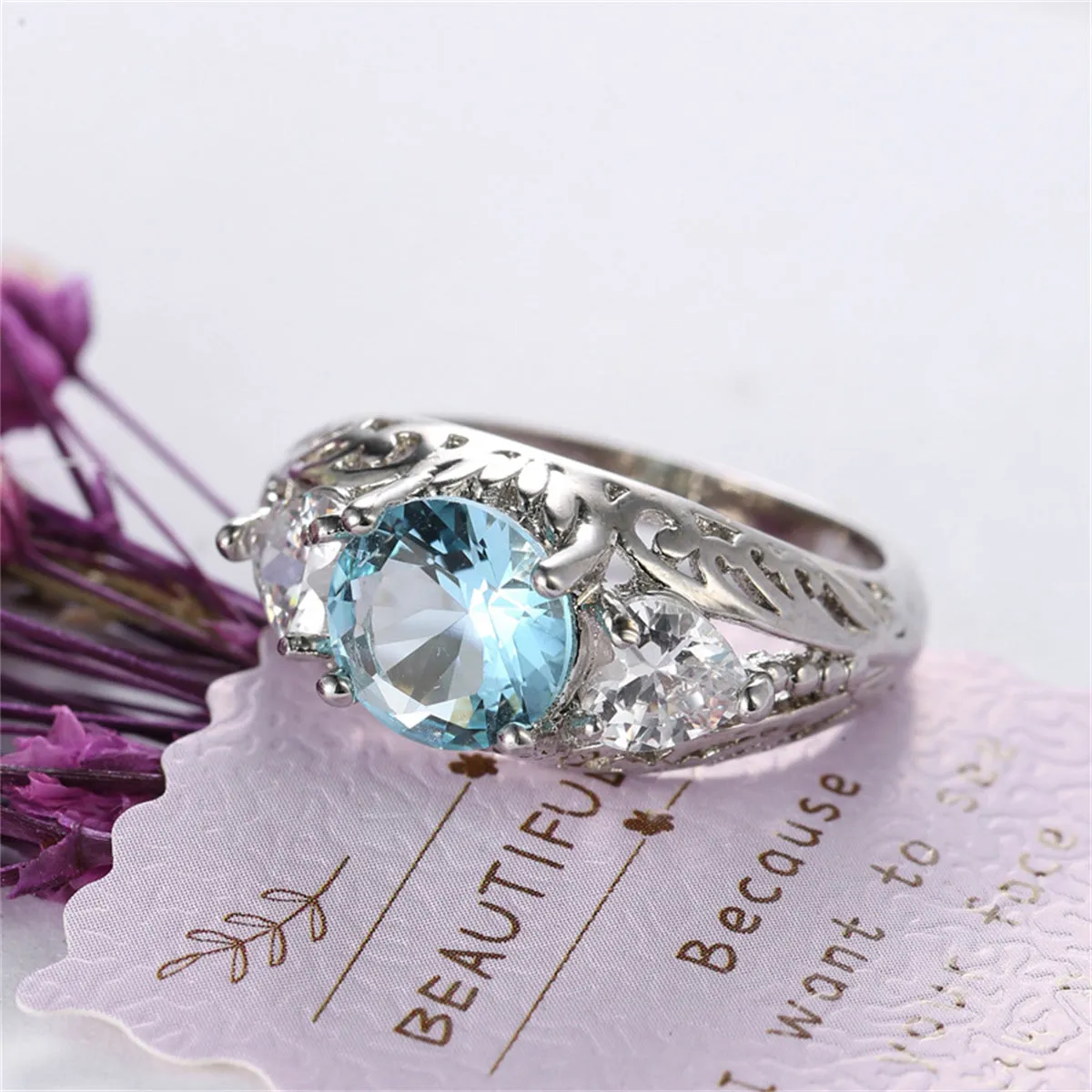 Sea Blue Crystal & Silver-Plated Round-Cut Ring
