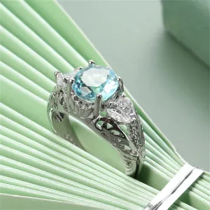 Sea Blue Crystal & Silver-Plated Round-Cut Ring