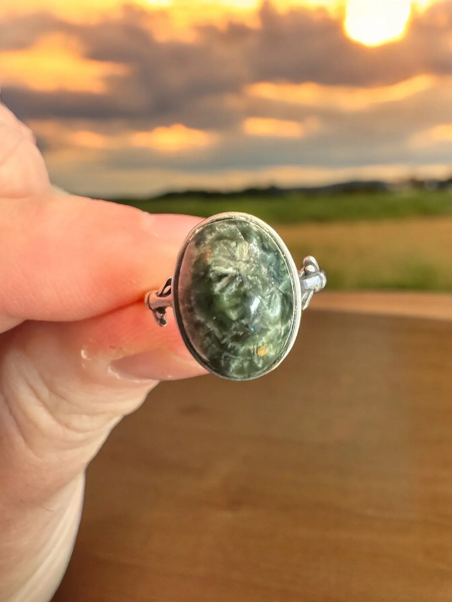 Seraphinite Ring, Adjustable 925 Silver Statement Ring, Green Stone Ring, Seraphinite Jewelry, Anxiety Ring, Crystal Shop Jewelry