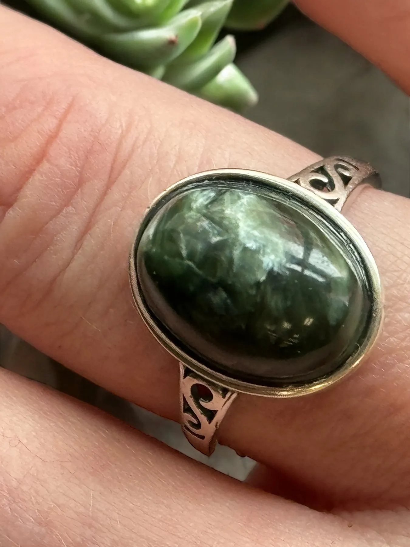 Seraphinite Ring, Adjustable 925 Silver Statement Ring, Green Stone Ring, Seraphinite Jewelry, Anxiety Ring, Crystal Shop Jewelry