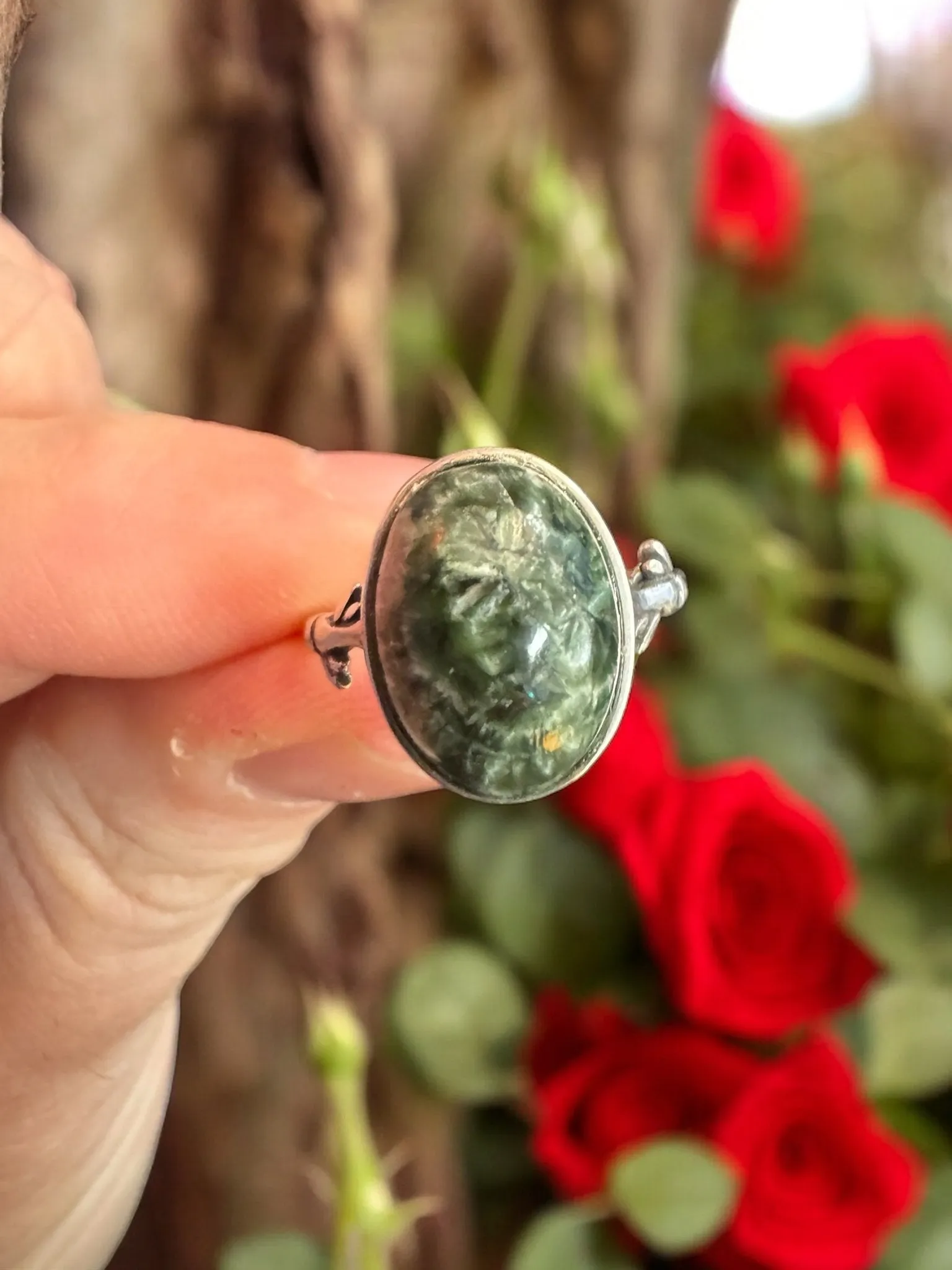 Seraphinite Ring, Adjustable 925 Silver Statement Ring, Green Stone Ring, Seraphinite Jewelry, Anxiety Ring, Crystal Shop Jewelry