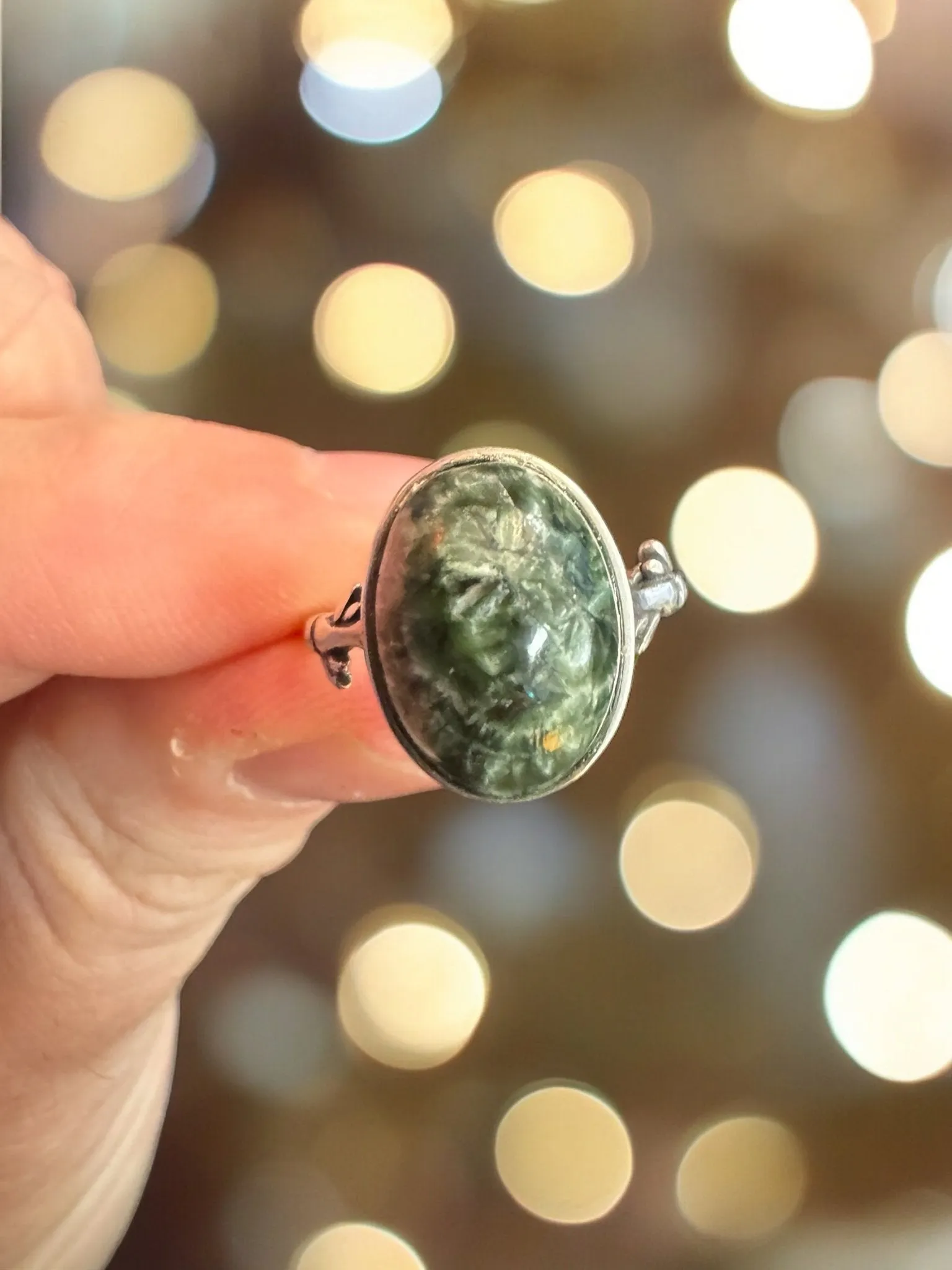 Seraphinite Ring, Adjustable 925 Silver Statement Ring, Green Stone Ring, Seraphinite Jewelry, Anxiety Ring, Crystal Shop Jewelry