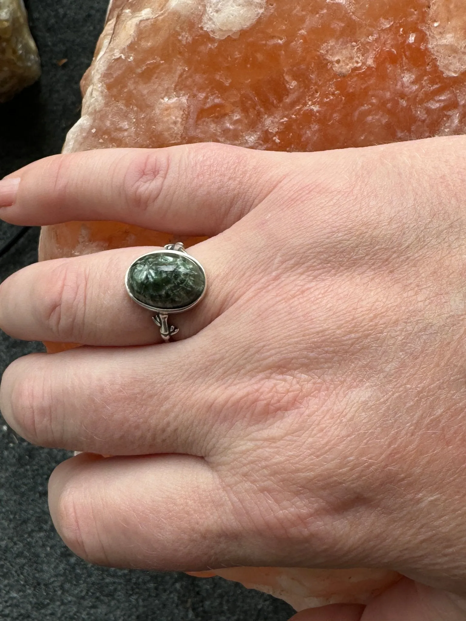 Seraphinite Ring, Adjustable 925 Silver Statement Ring, Green Stone Ring, Seraphinite Jewelry, Anxiety Ring, Crystal Shop Jewelry