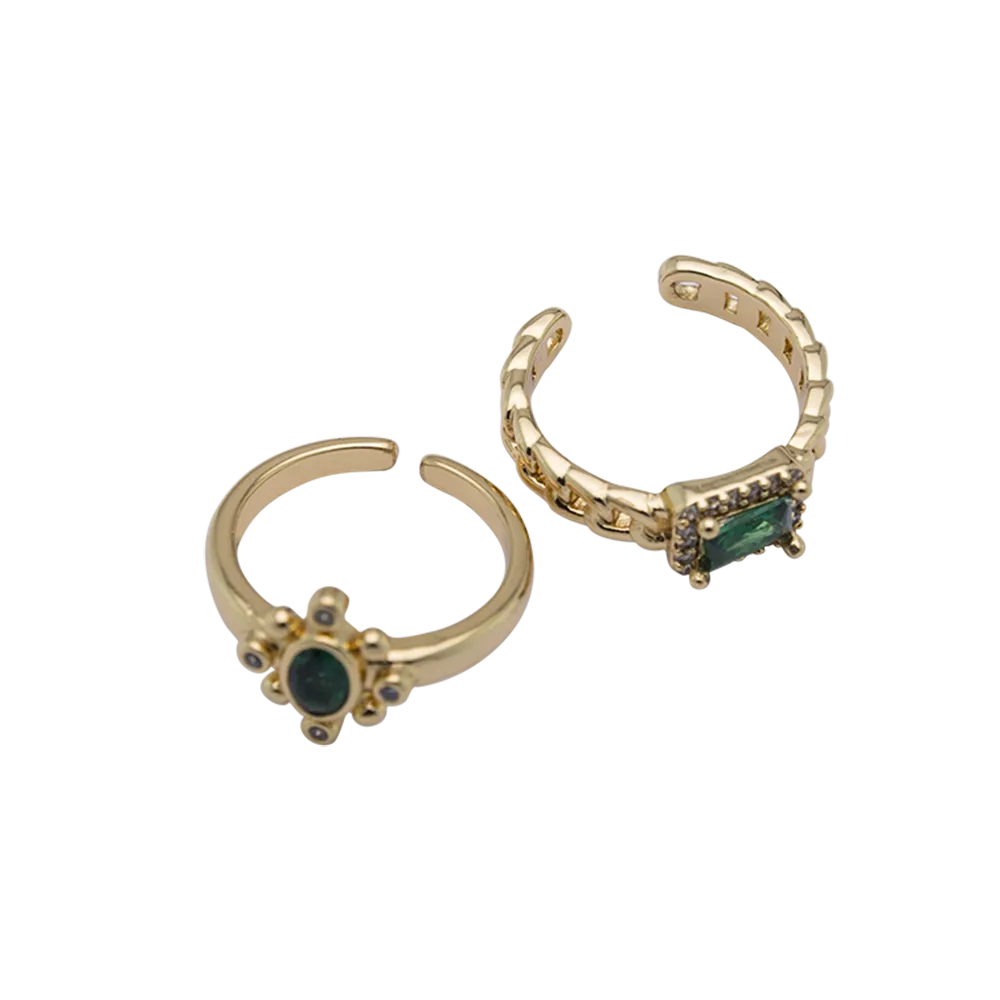 Set Emerald Green Crystal Rings Gold Plated