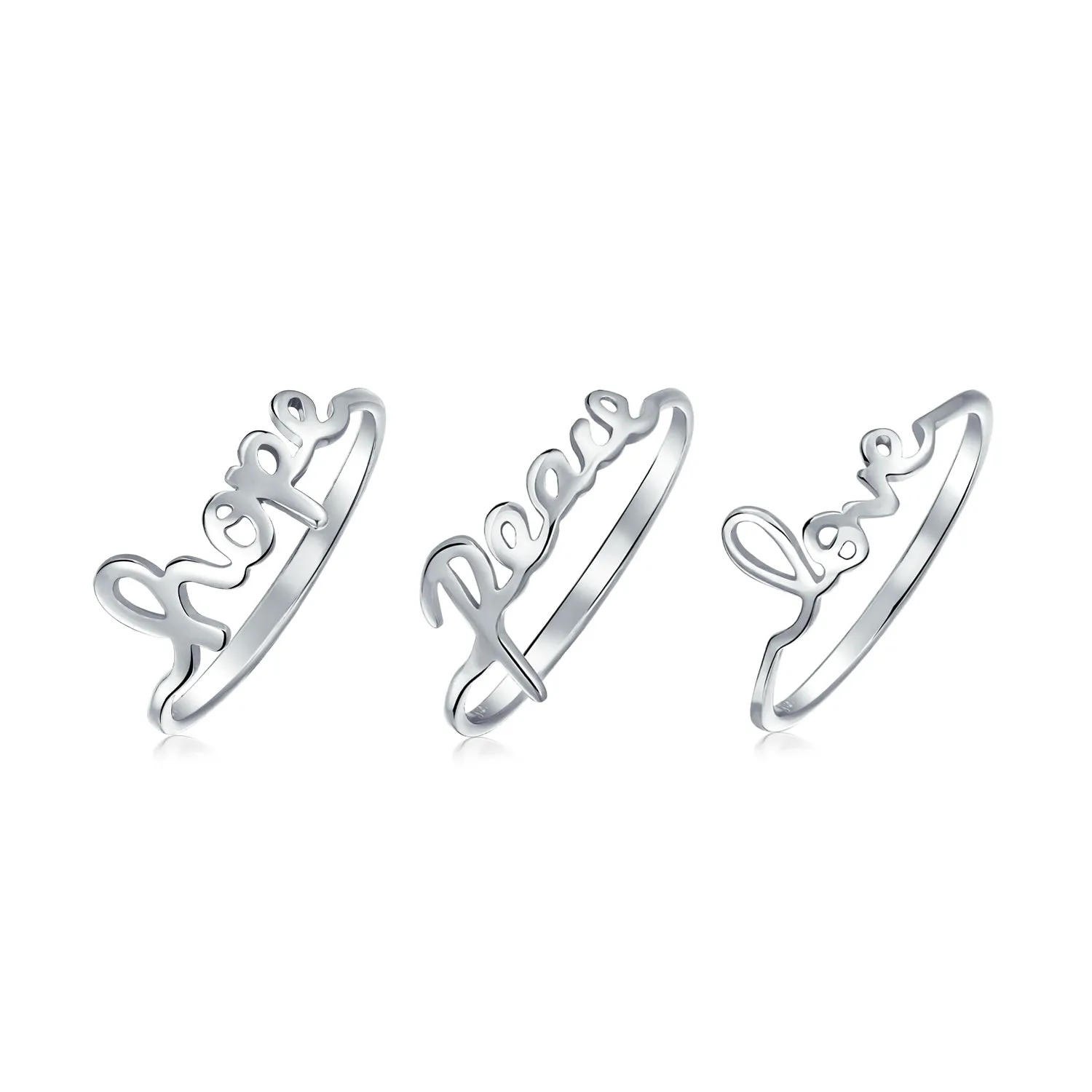 Set of 3 Inspirational Words Peace Love Hope Ring Set Sterling Silver
