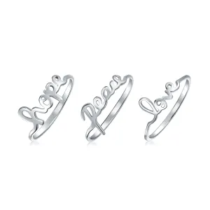 Set of 3 Inspirational Words Peace Love Hope Ring Set Sterling Silver