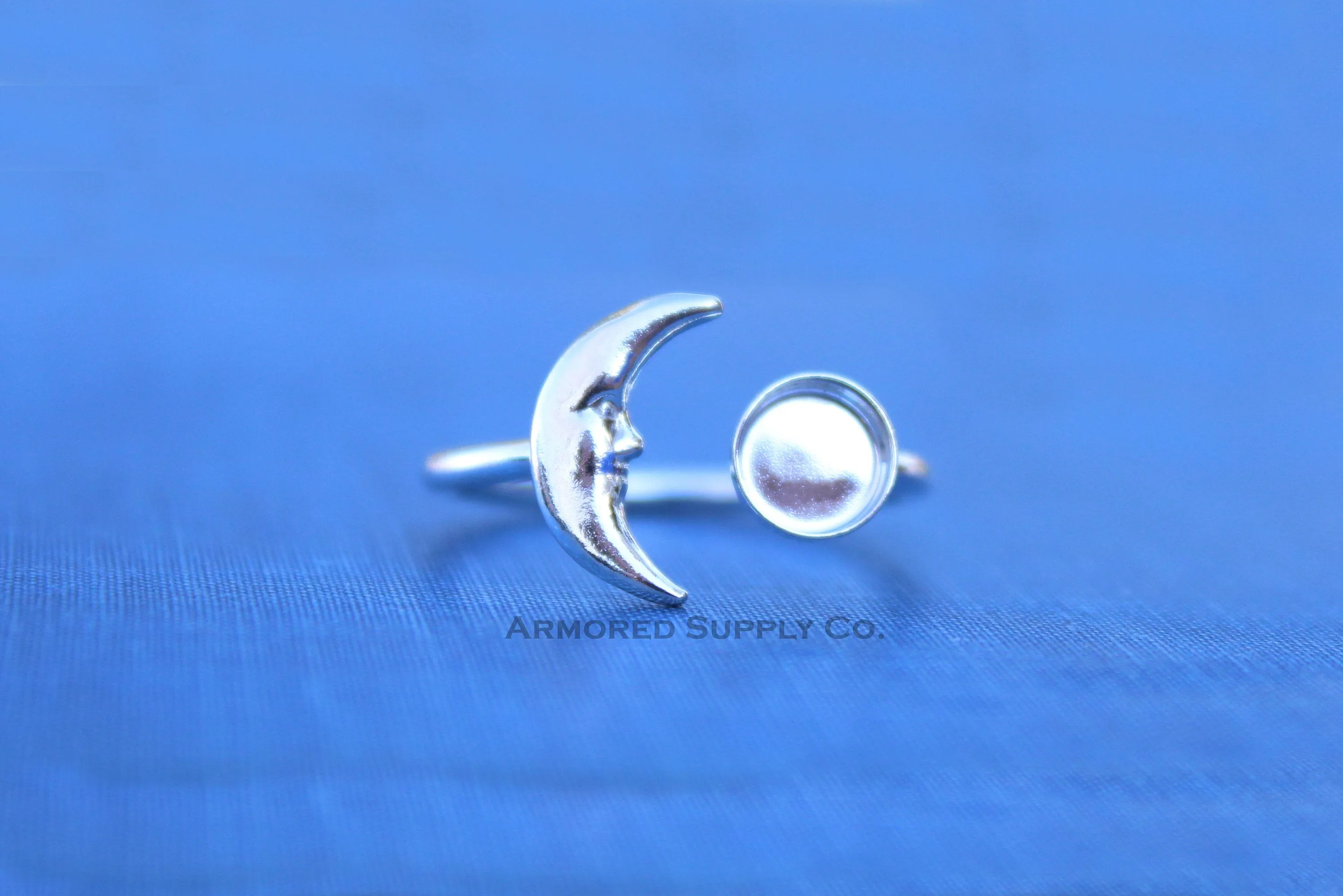 Silver 10mm Bezel Crescent Moon Open Adjustable Ring blank
