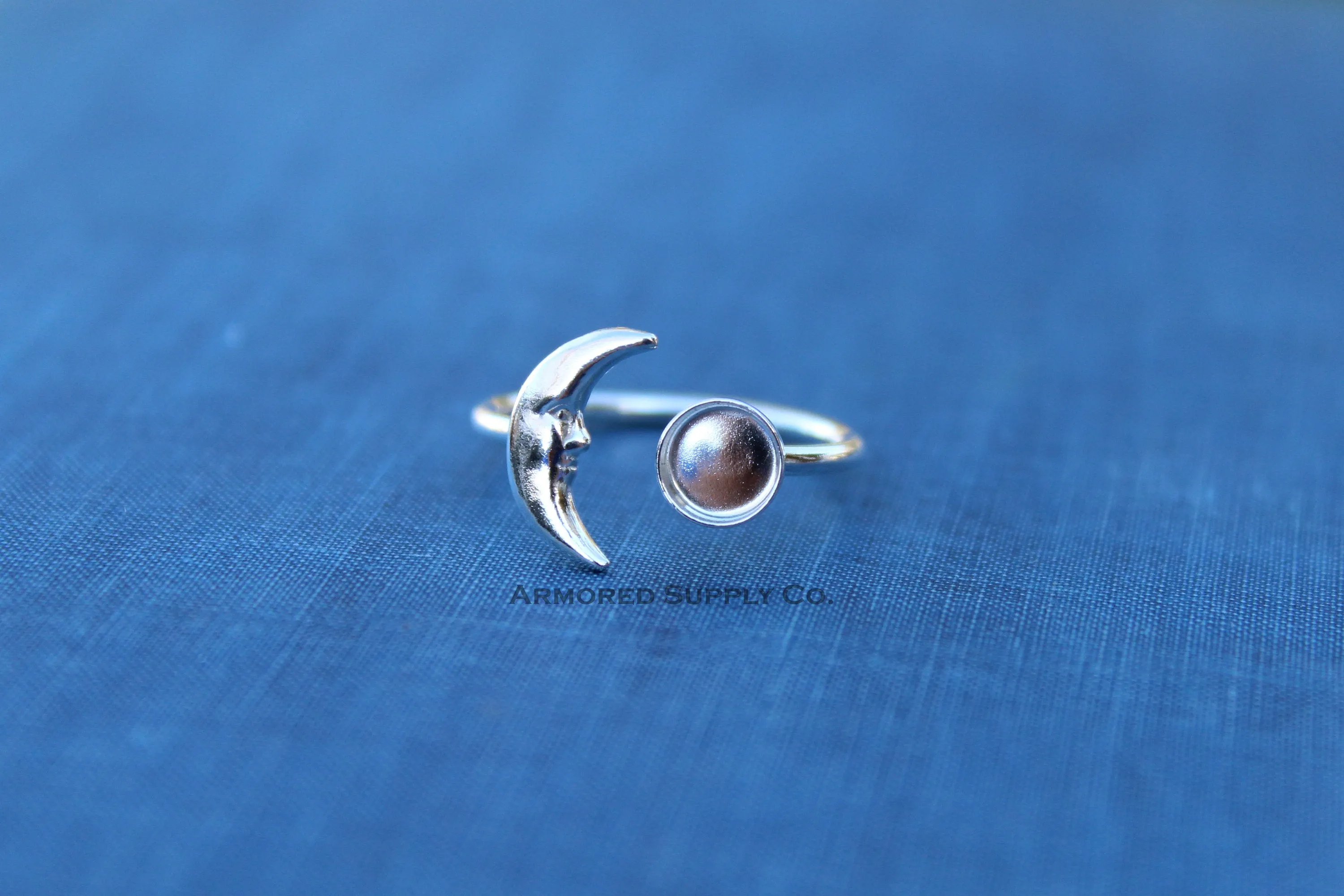 Silver 10mm Bezel Crescent Moon Open Adjustable Ring blank
