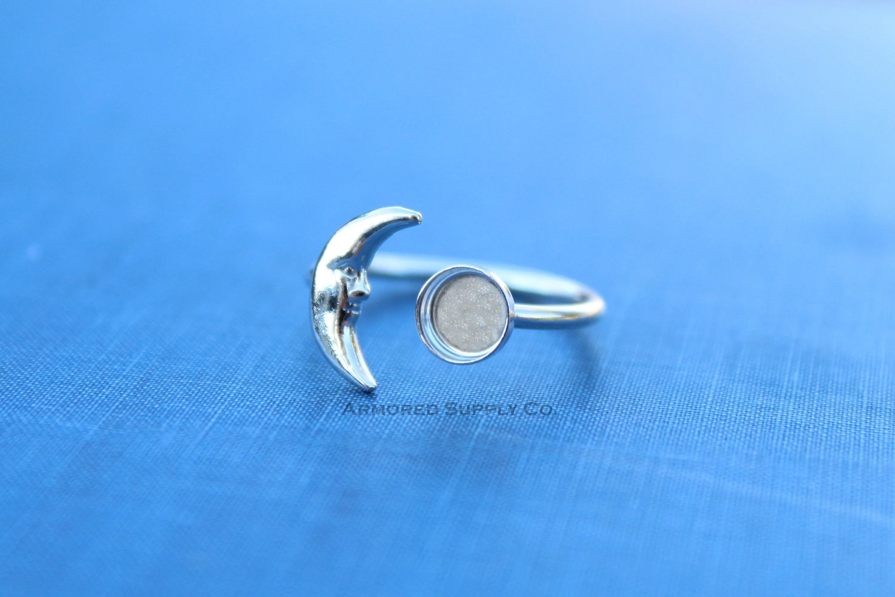 Silver 10mm Bezel Crescent Moon Open Adjustable Ring blank