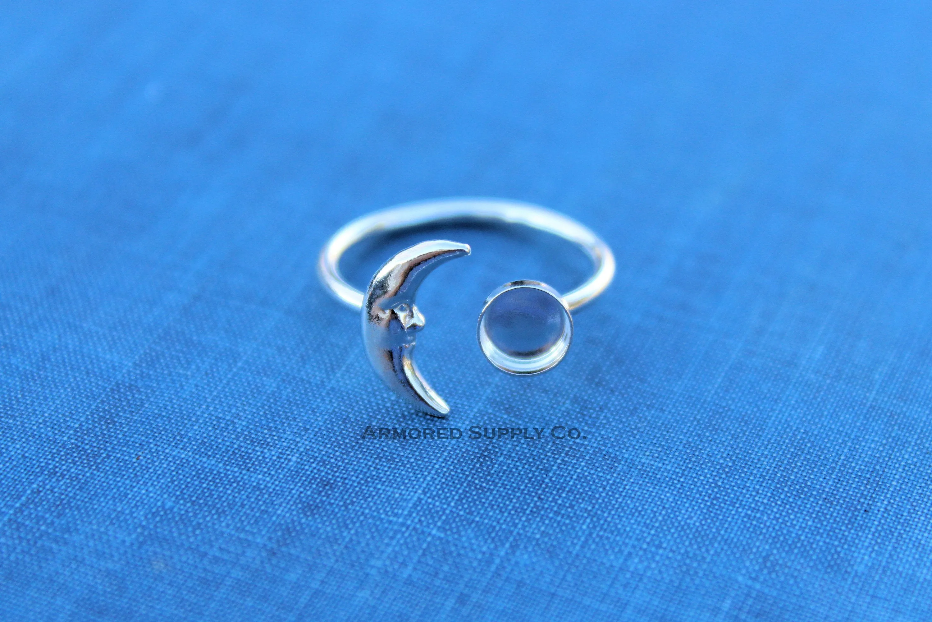 Silver 10mm Bezel Crescent Moon Open Adjustable Ring blank