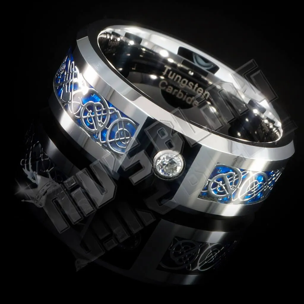 Silver Celtic Dragon Blue Carbon Fiber Tungsten Carbide Ring 8MM