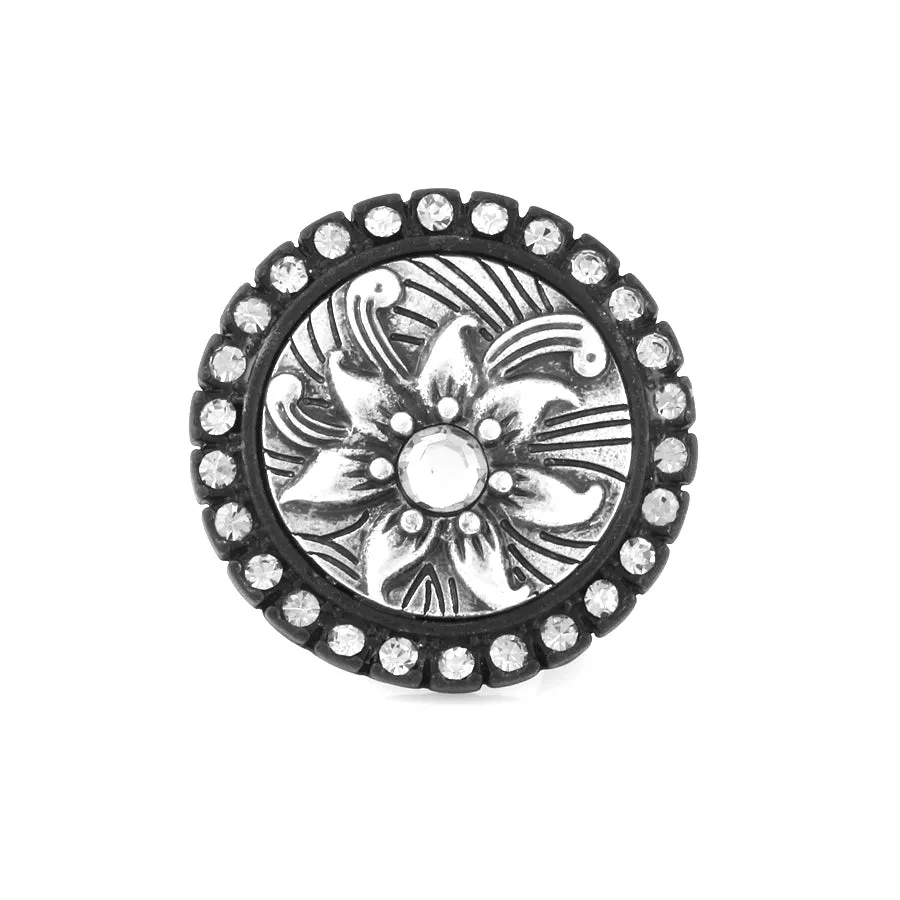 SILVER EMBOSSED FLOWER CRYSTAL  RINGS #275SV5101 (7B4/6C1)