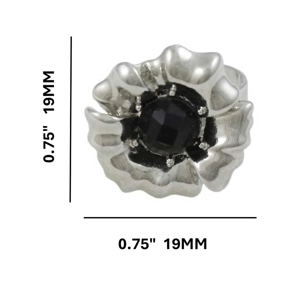 Silver Flower with Black Bead Adjustable Ring - RF307