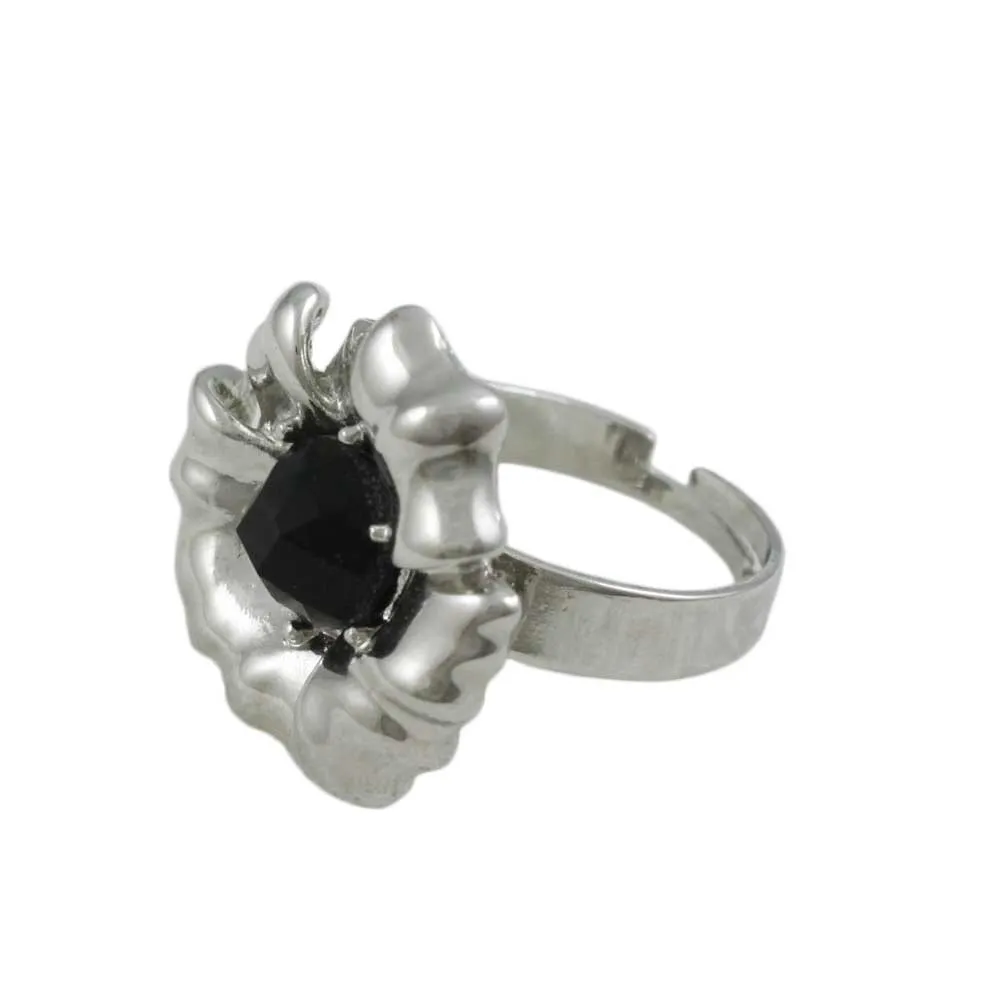 Silver Flower with Black Bead Adjustable Ring - RF307