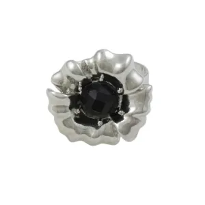 Silver Flower with Black Bead Adjustable Ring - RF307