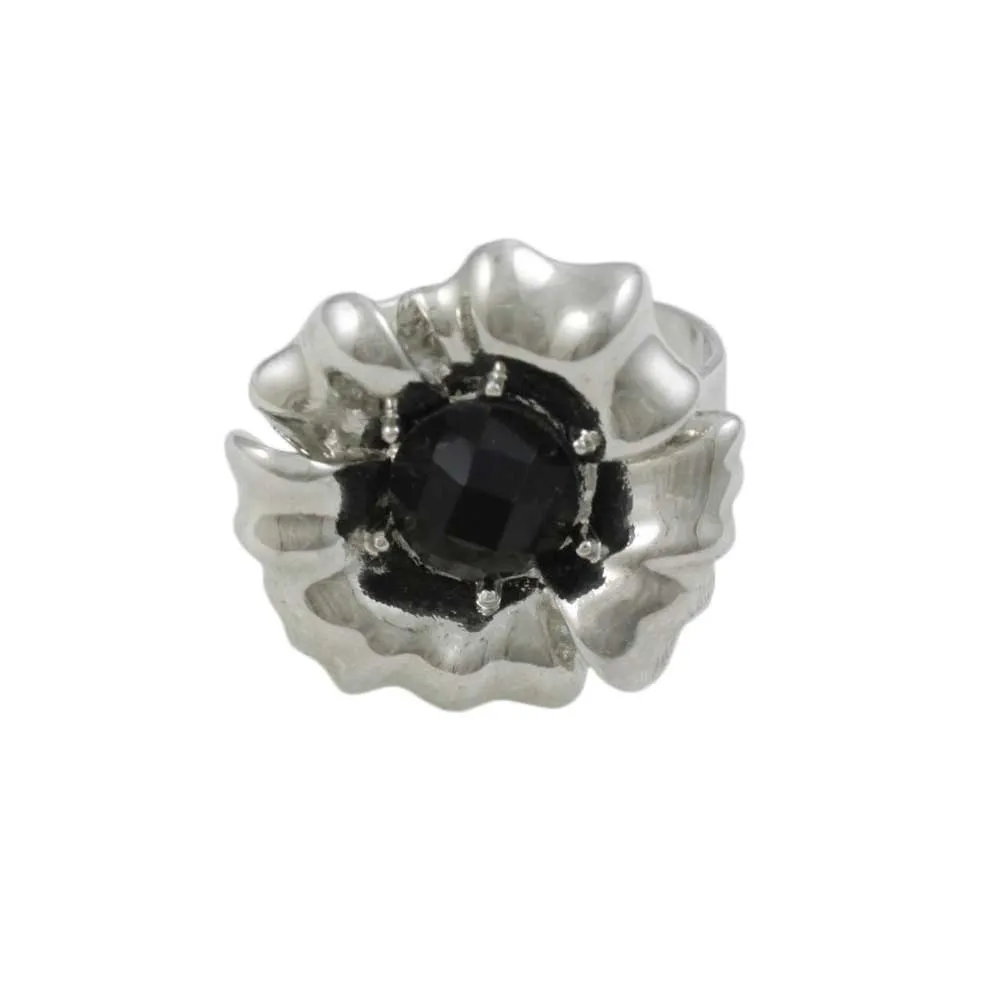 Silver Flower with Black Bead Adjustable Ring - RF307