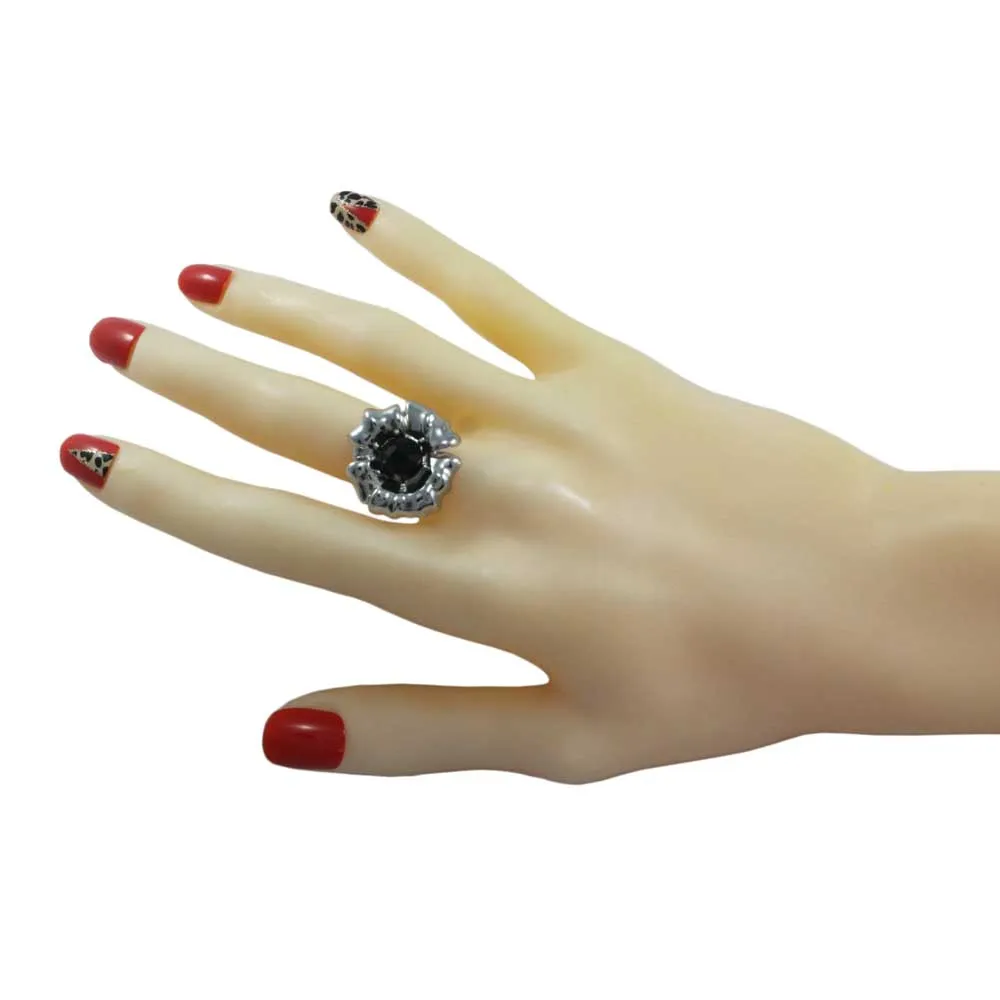 Silver Flower with Black Bead Adjustable Ring - RF307
