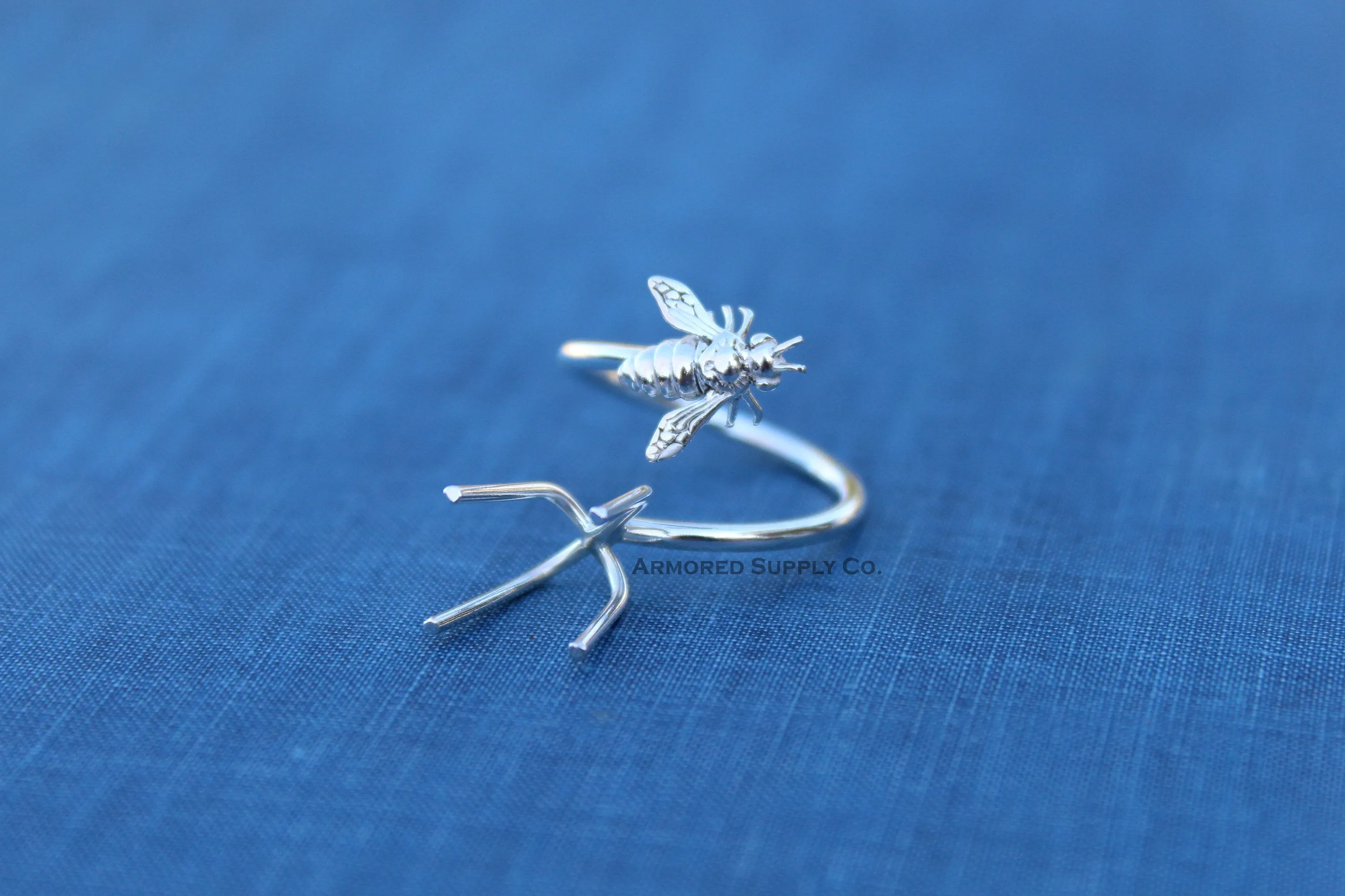 Silver Honey Bee Adjustable Claw Prong Ring blank