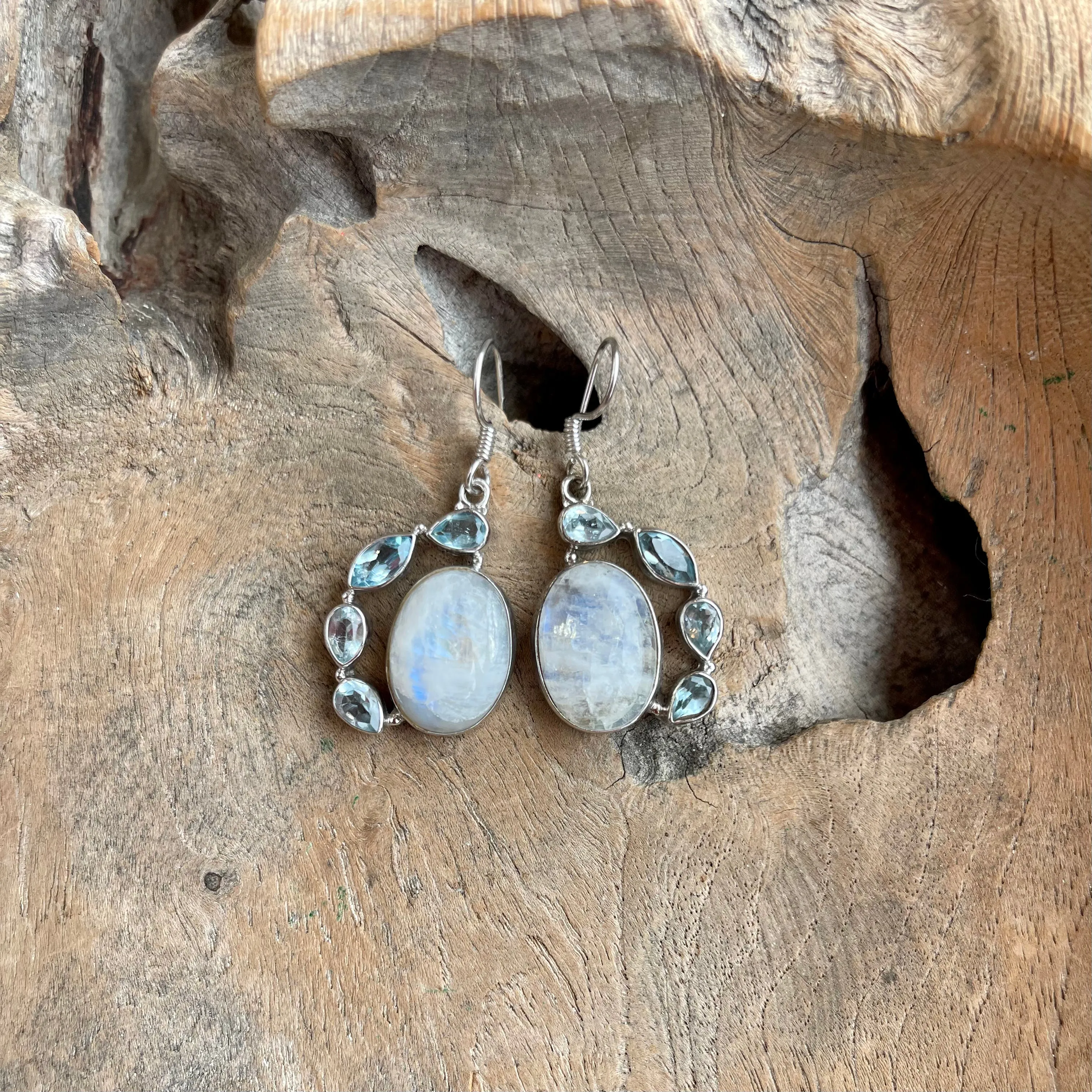 Silver - Moonstone And Aquamarine Earrings