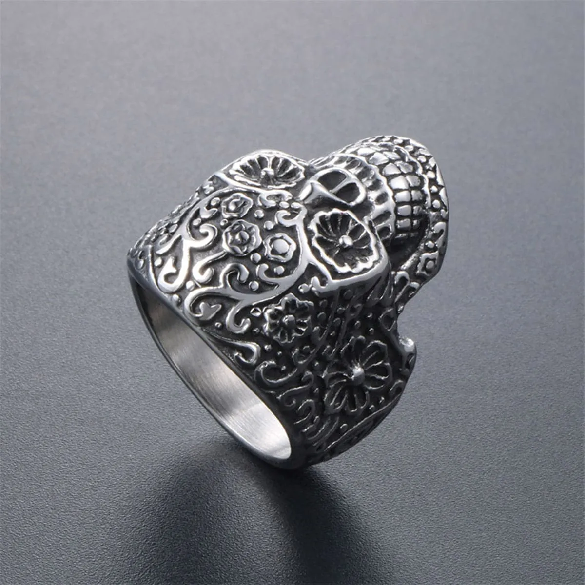 Silver-Plated Floral Skull Band Ring