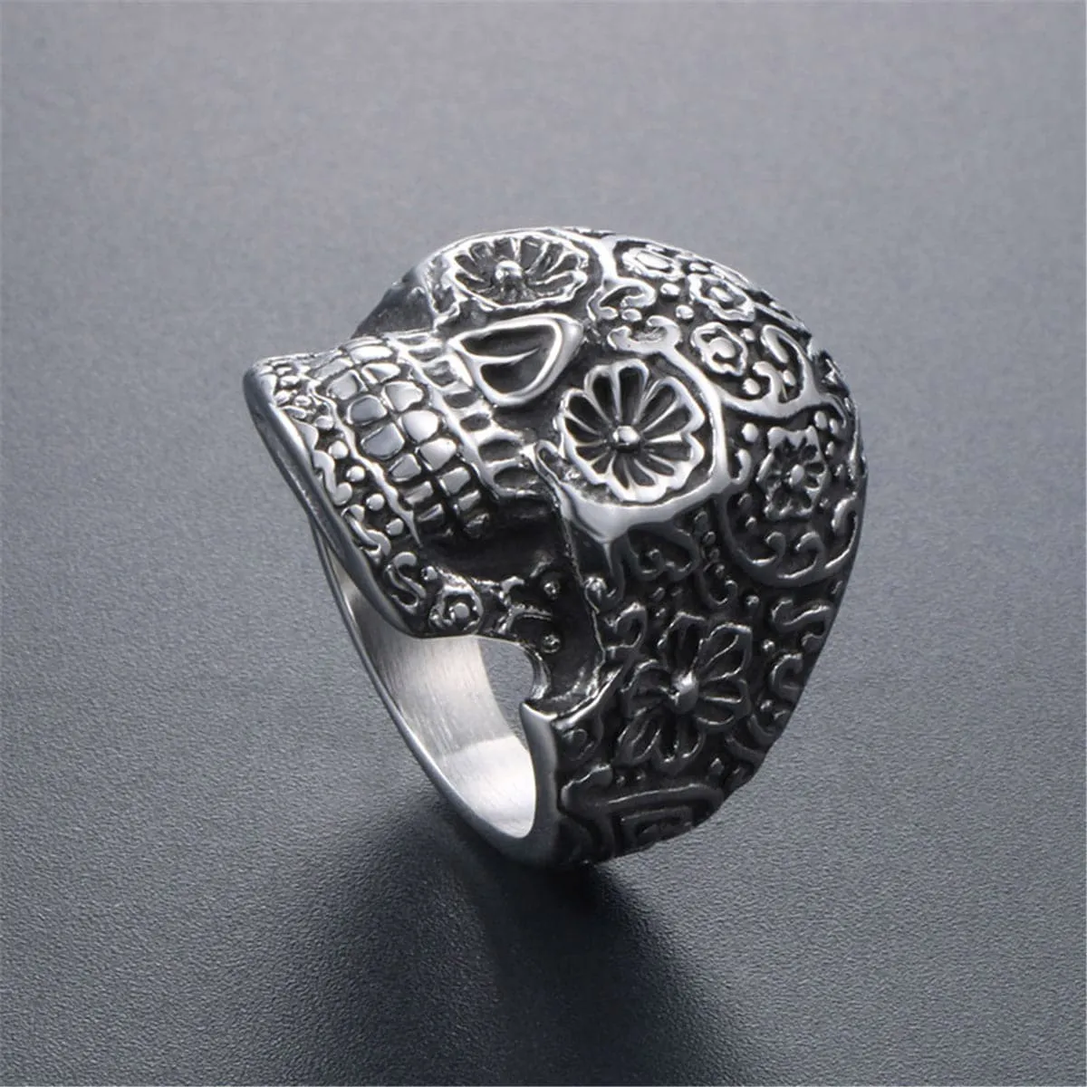 Silver-Plated Floral Skull Band Ring