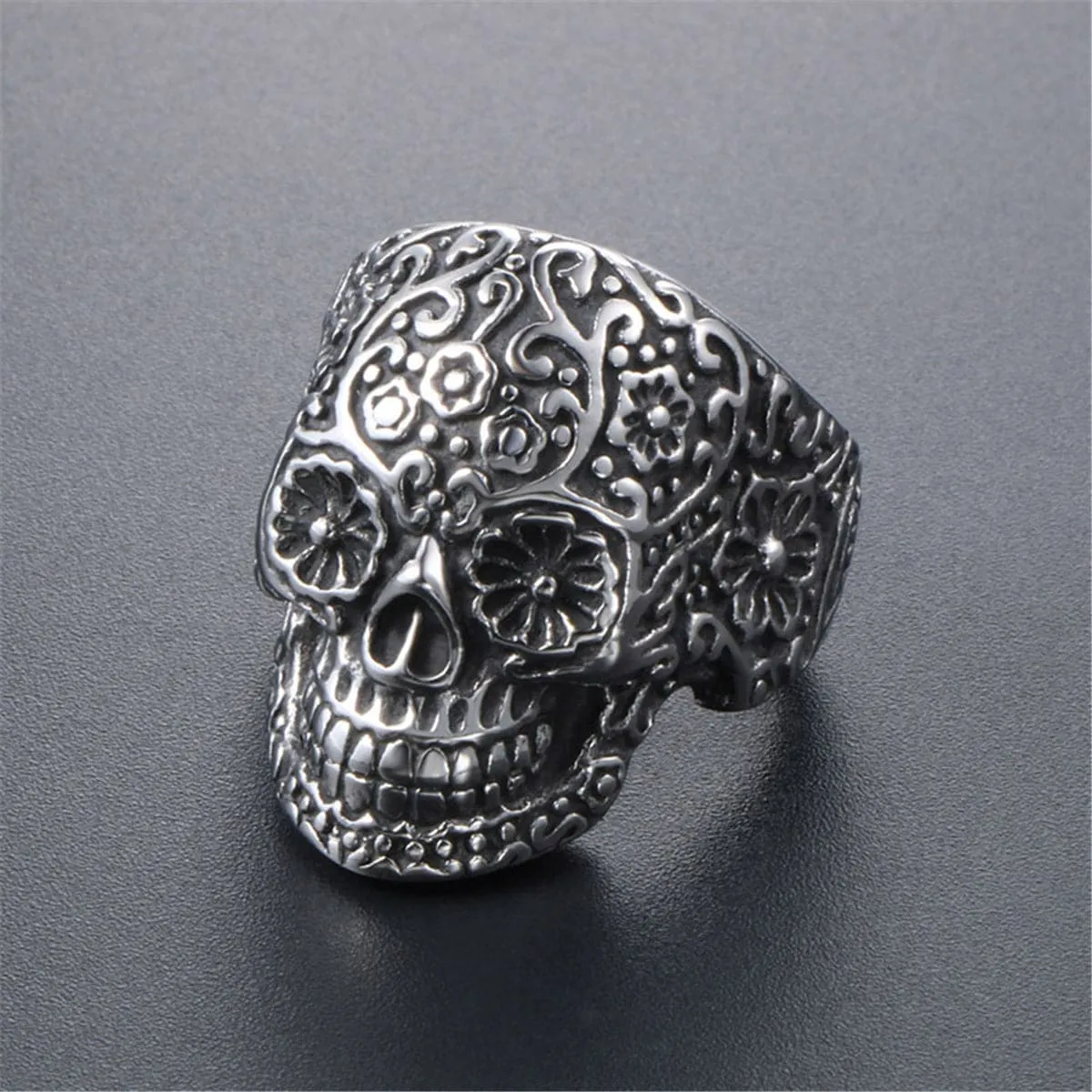 Silver-Plated Floral Skull Band Ring
