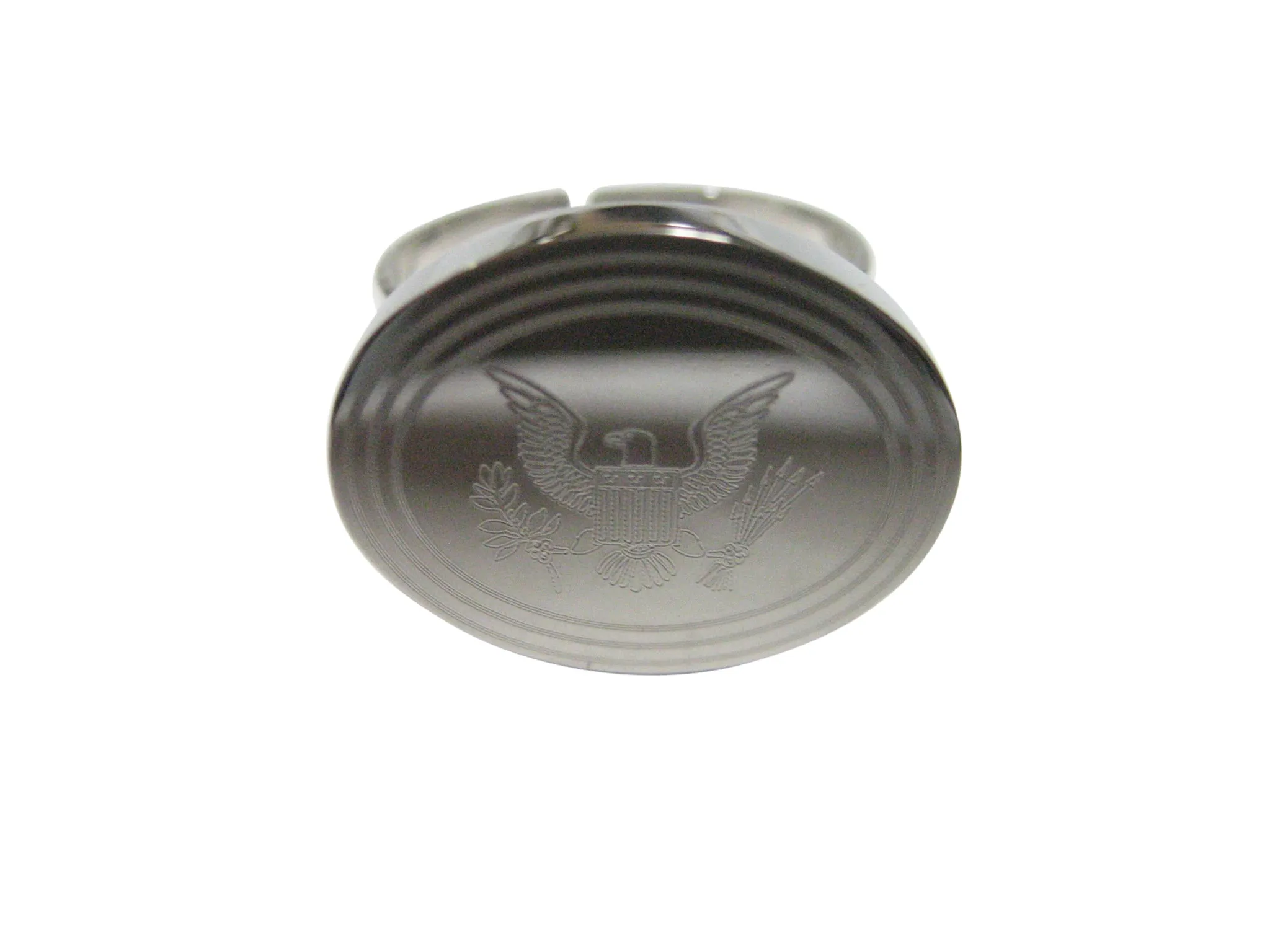 Silver Toned Etched Oval American Eagle Design Adjustable Size Fashion Ring