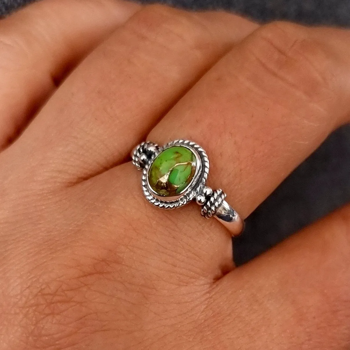 Small Oval Boho Green Copper Turquoise 925 Silver Ring, R5GCT