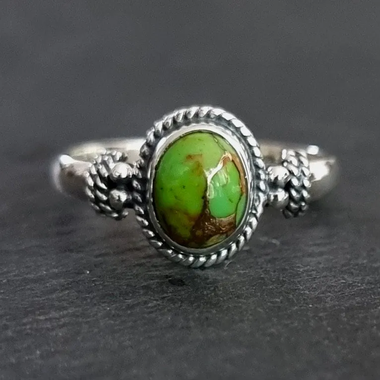 Small Oval Boho Green Copper Turquoise 925 Silver Ring, R5GCT