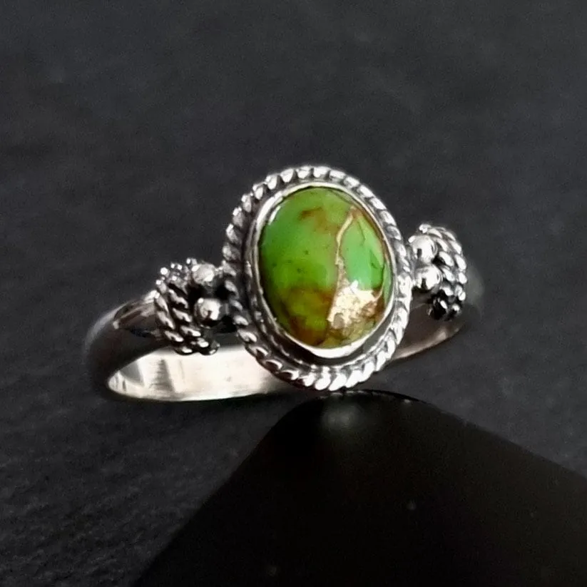 Small Oval Boho Green Copper Turquoise 925 Silver Ring, R5GCT