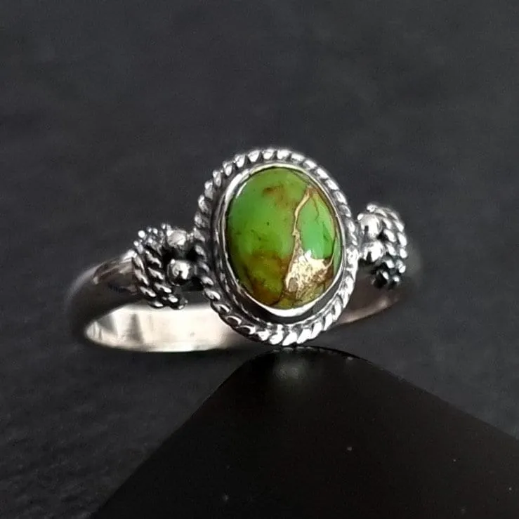 Small Oval Boho Green Copper Turquoise 925 Silver Ring, R5GCT
