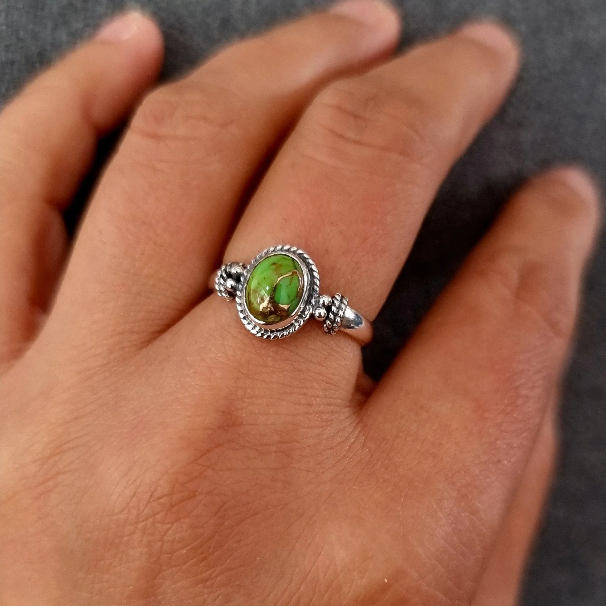 Small Oval Boho Green Copper Turquoise 925 Silver Ring, R5GCT