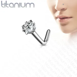 Square CZ Grade 23 Solid Titanium L Blend Nose Stud Ring