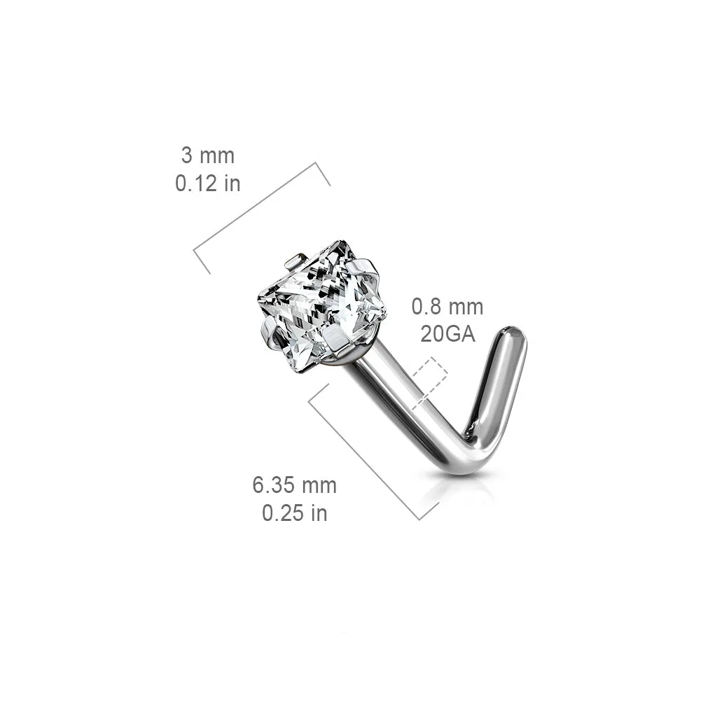 Square CZ Grade 23 Solid Titanium L Blend Nose Stud Ring