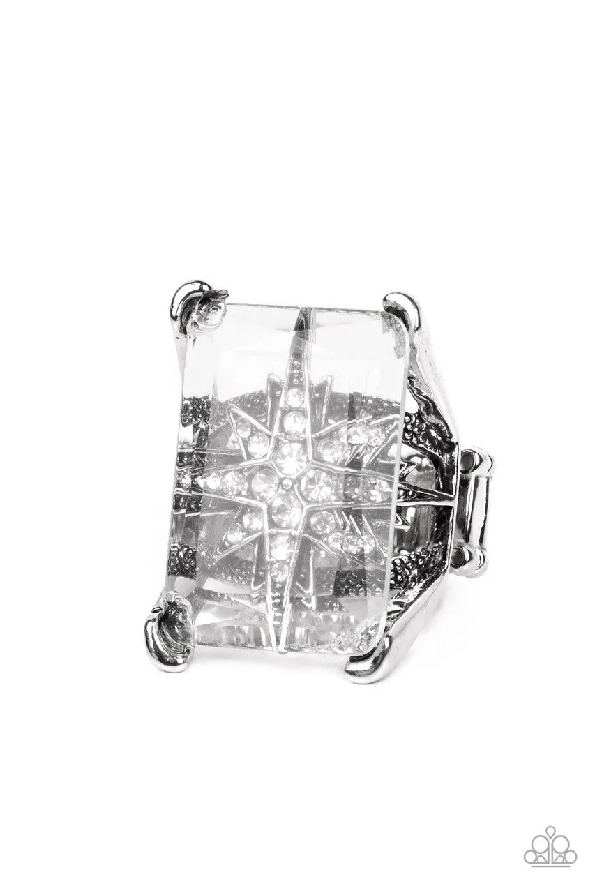 Starry Serenity - White - Rhinestone Compass Rose Paparazzi Ring - July 2022 Life of the Party Exclusive