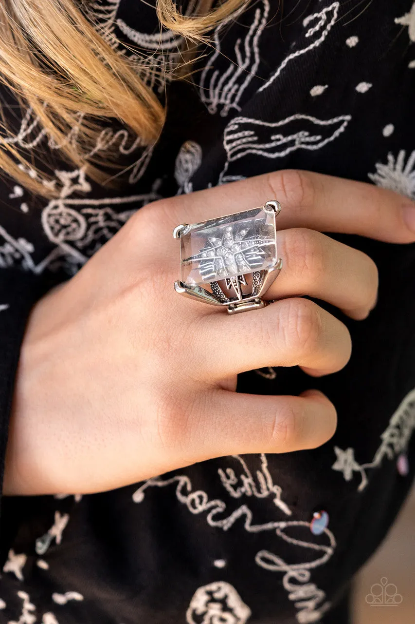 Starry Serenity - White - Rhinestone Compass Rose Paparazzi Ring - July 2022 Life of the Party Exclusive