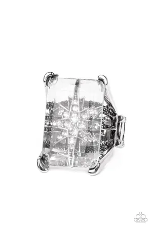 Starry Serenity - White - Rhinestone Compass Rose Paparazzi Ring - July 2022 Life of the Party Exclusive